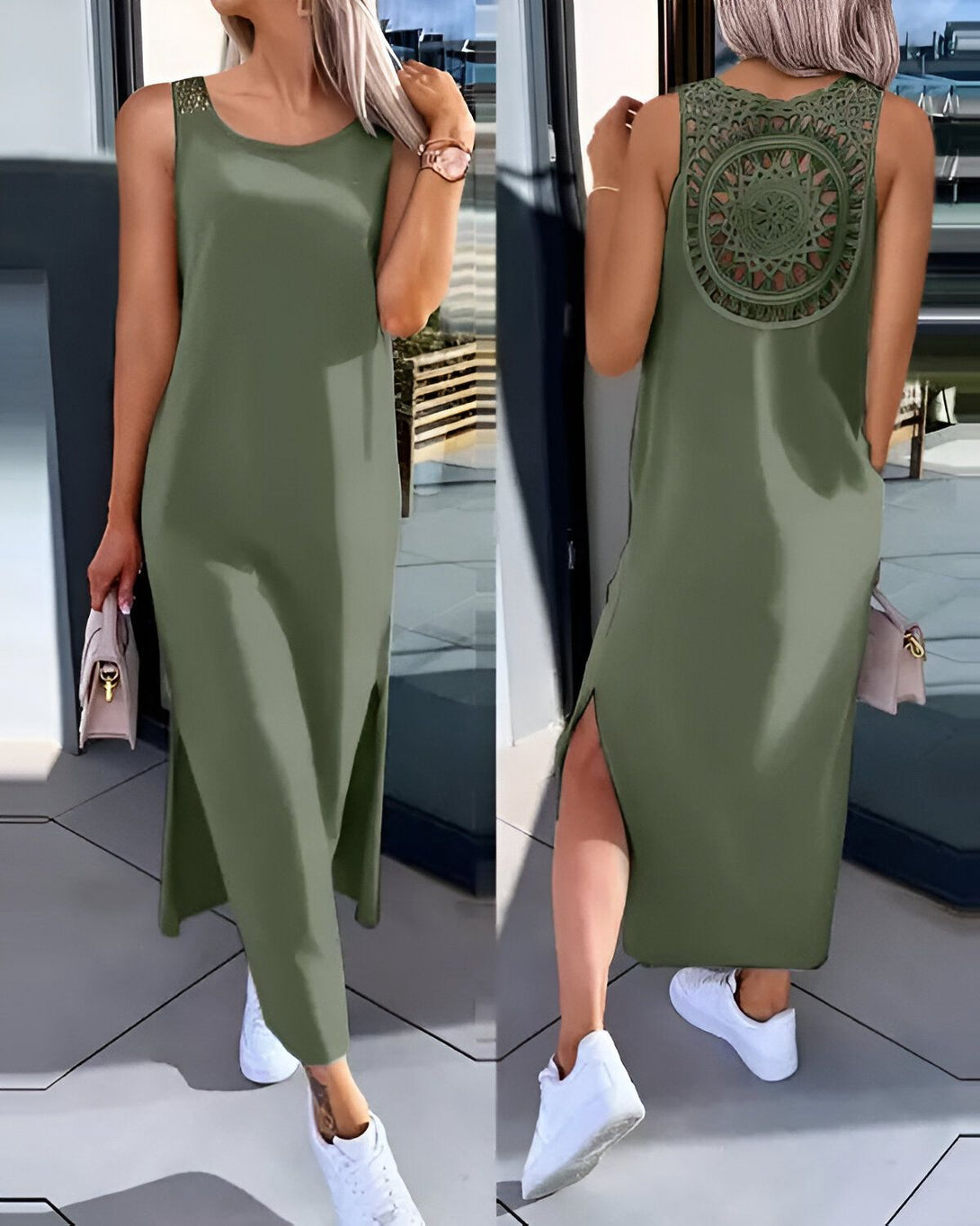 Une femme porte une robe longue vert olive sans manches avec une fente sur le côté et un dos ajouré. Elle est associée à des baskets blanches et un sac à main beige.