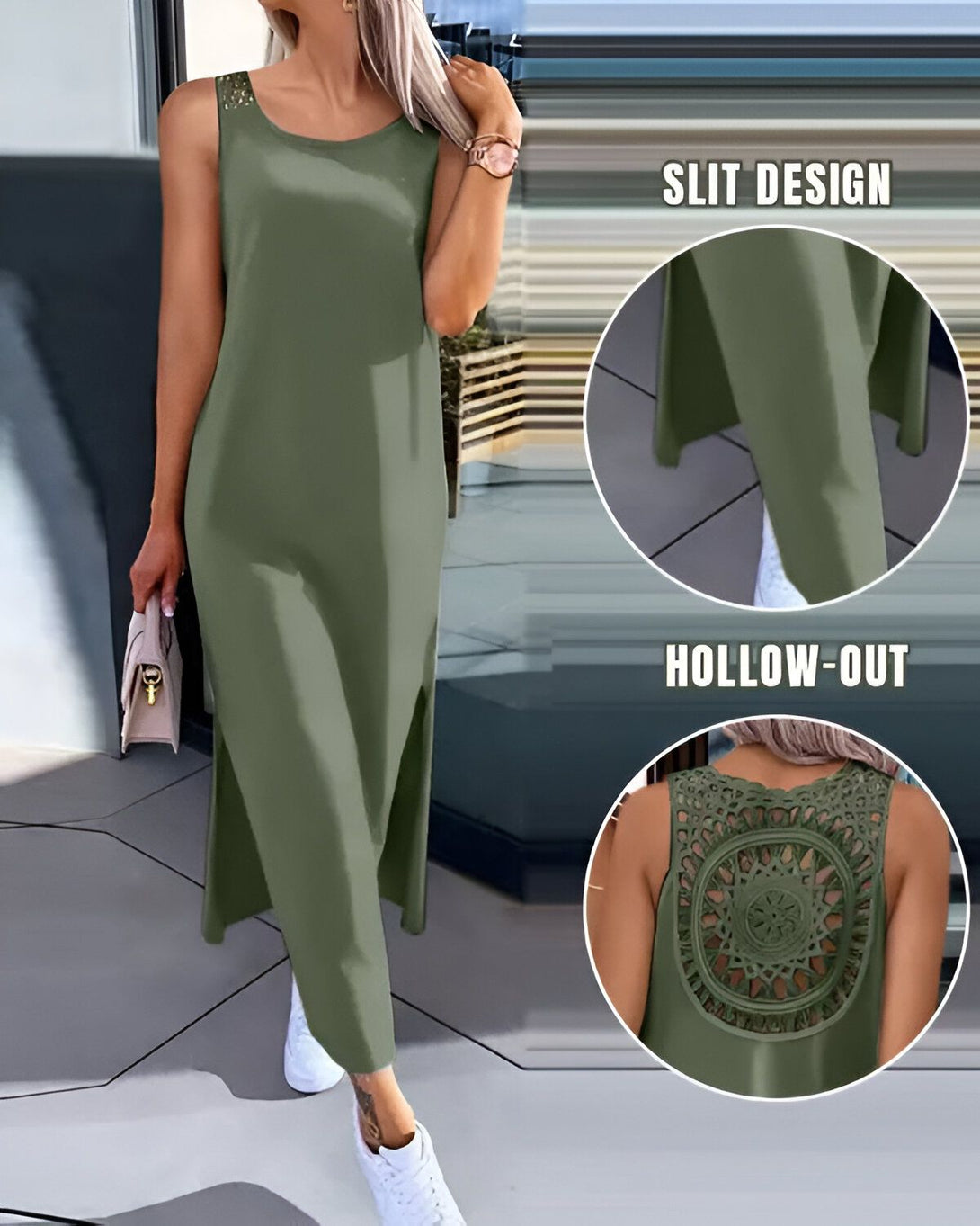Une femme porte une robe longue verte fendue sur les côtés. Le dos de la robe est ajouré.