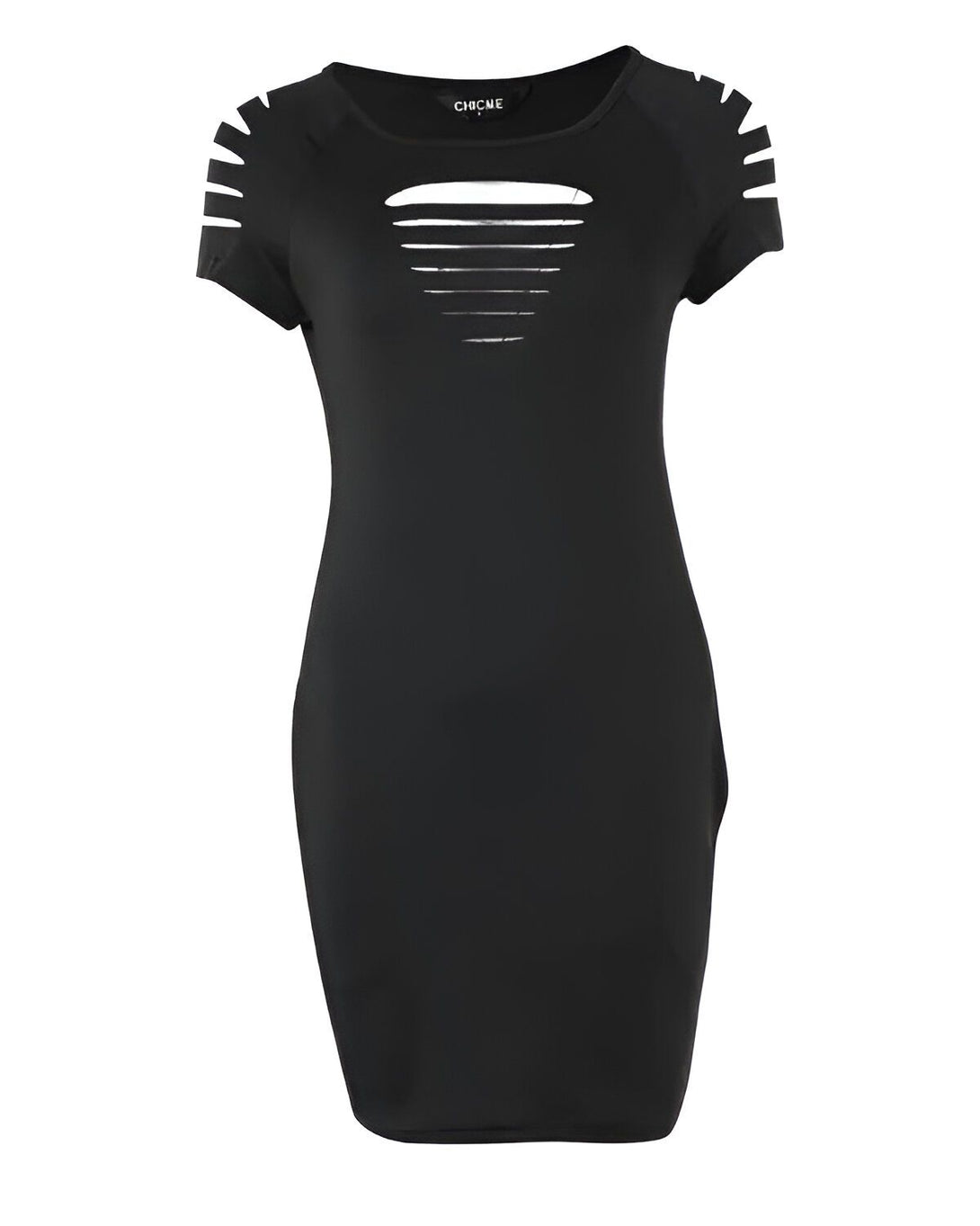 Une robe noire moulante avec des découpes sur les épaules et sur le devant.