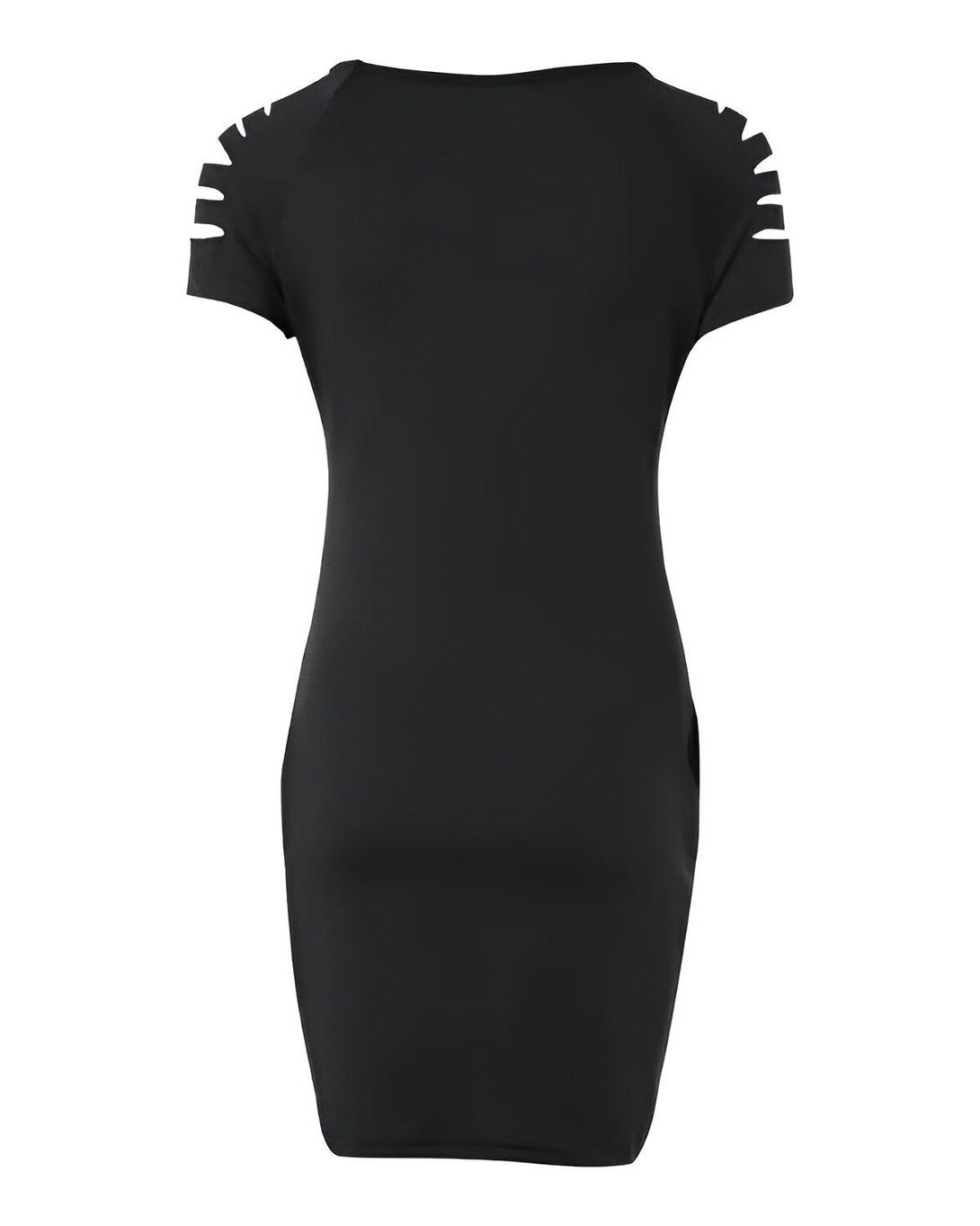 Une robe moulante noire avec des découpes aux épaules.