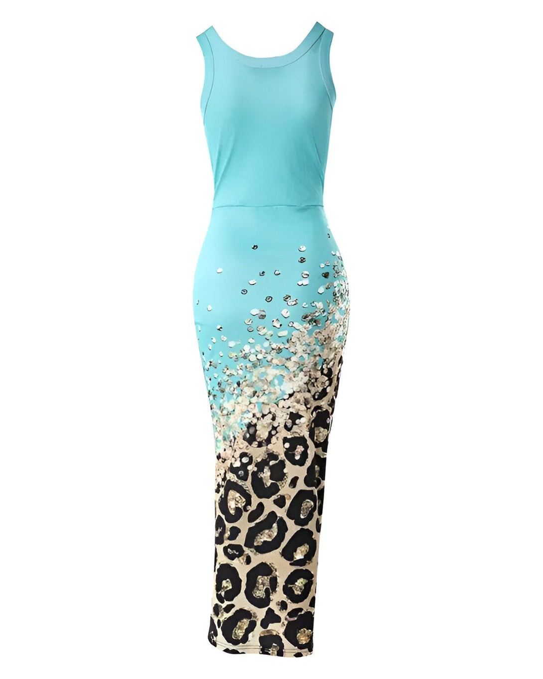 Une robe longue turquoise avec un motif léopard marron et doré.
