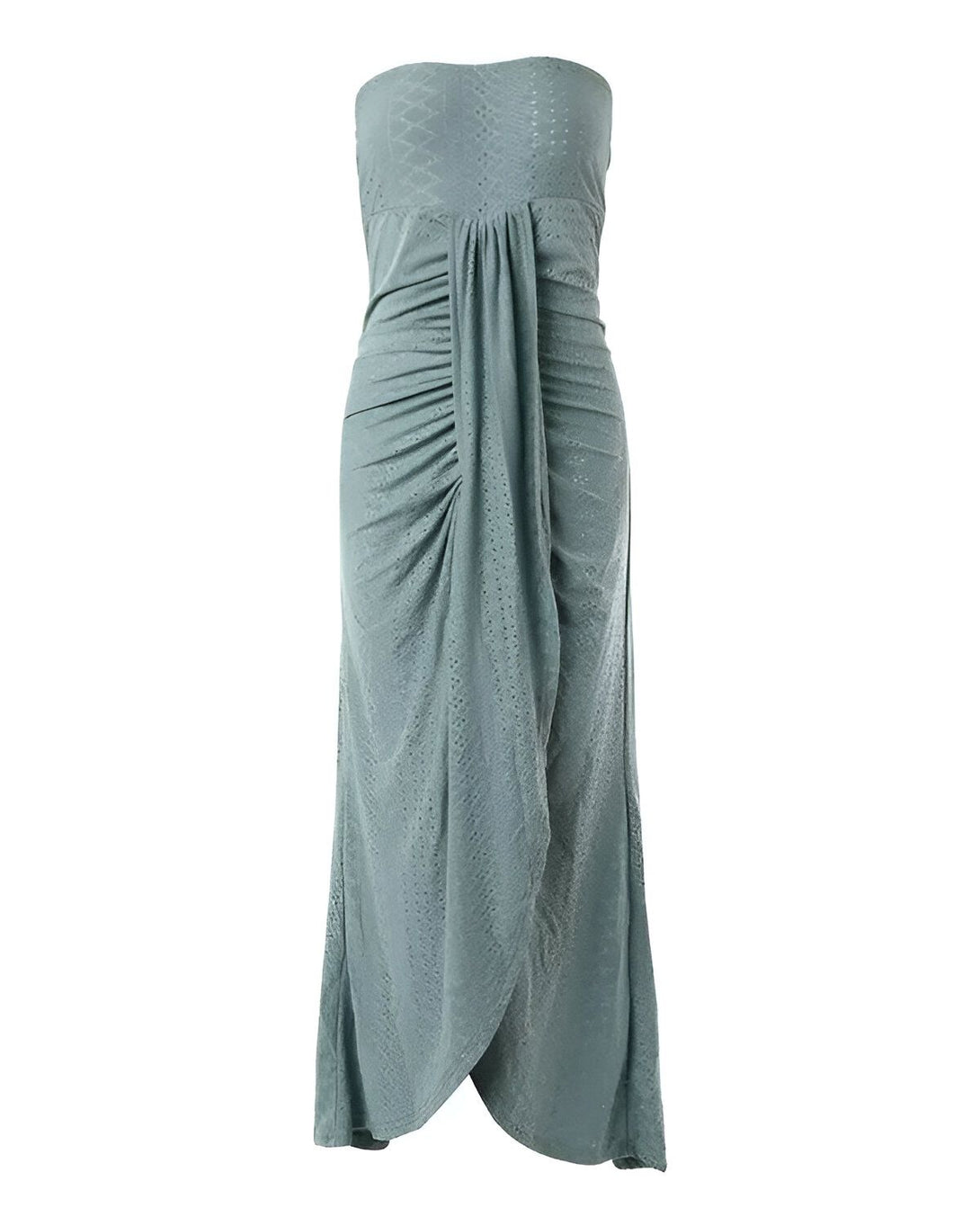 Une robe longue vert olive sans bretelles, froncée sur le devant.