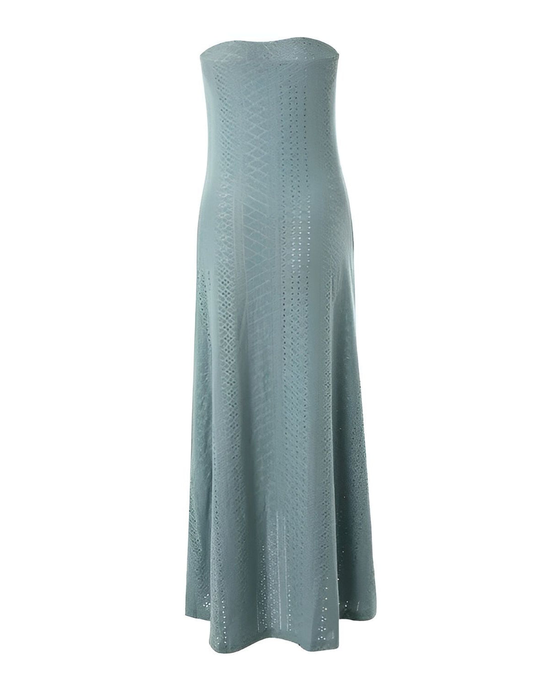 Une robe longue bleu sarcelle sans bretelles avec un motif géométrique ajouré.