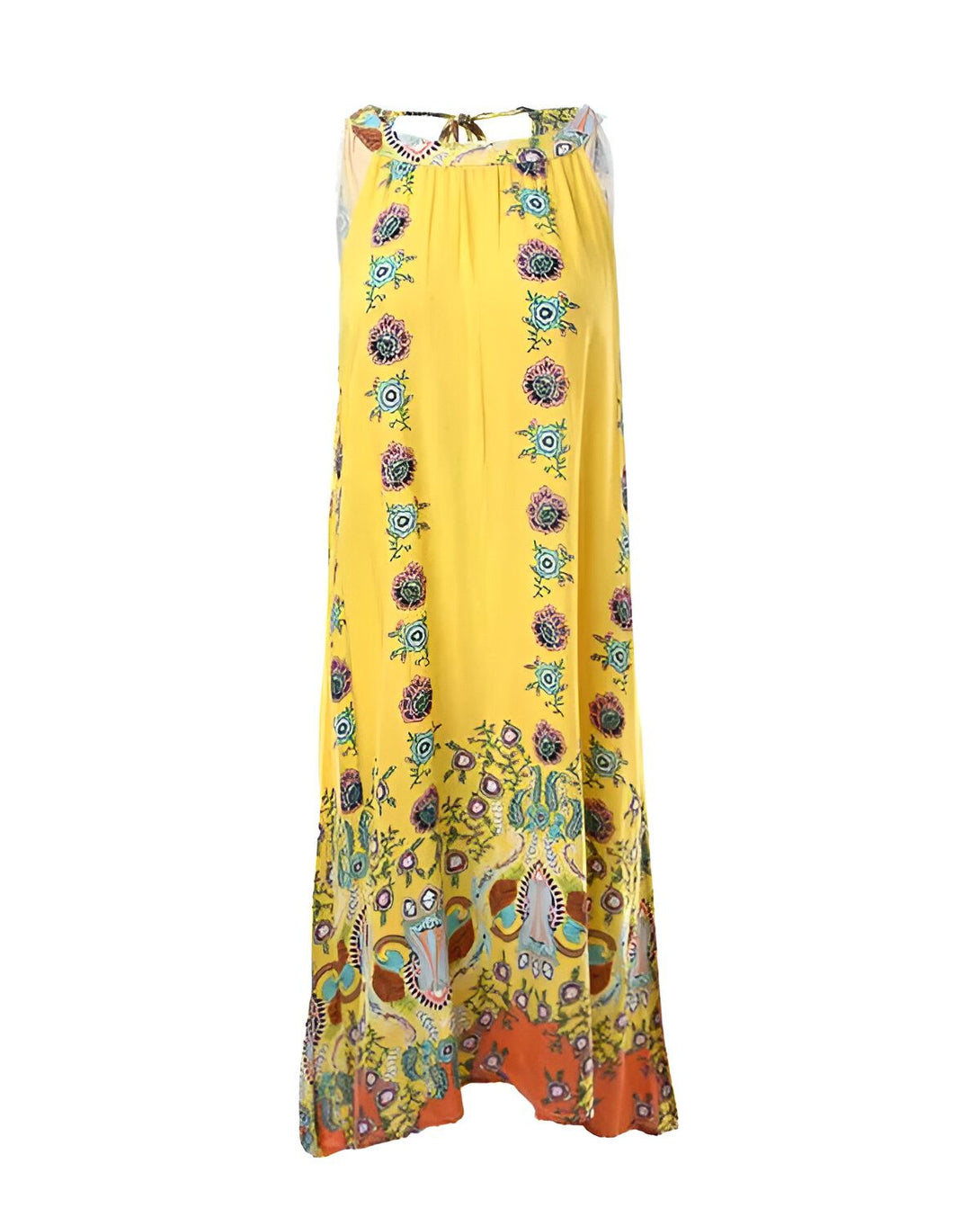Une robe longue jaune à motifs floraux et à fines bretelles.