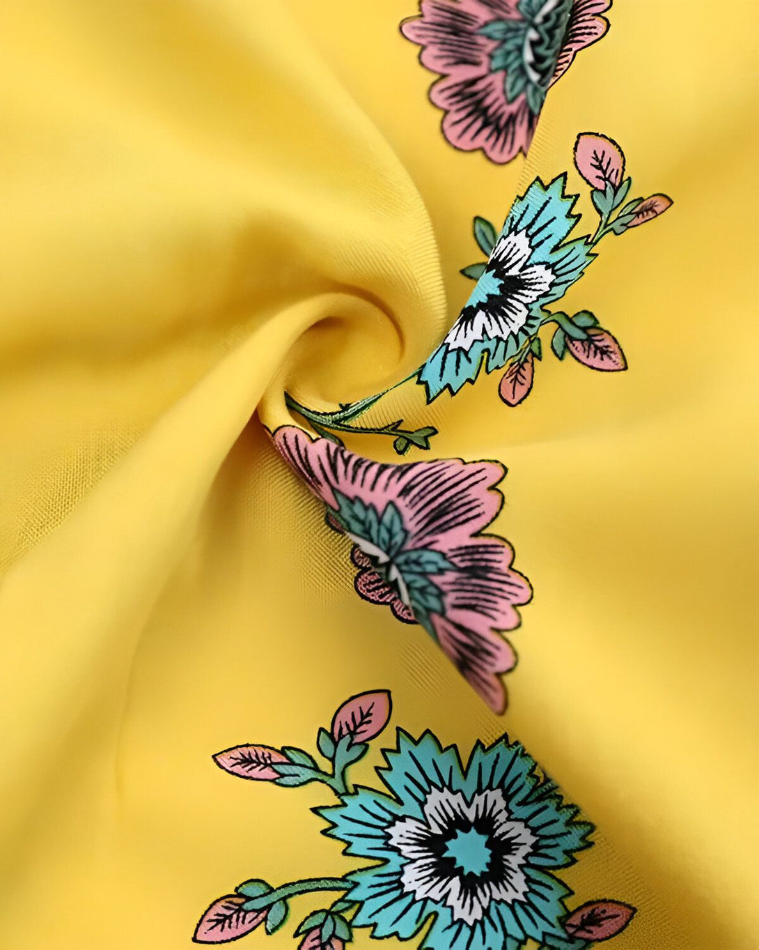 Une image de tissu jaune avec des fleurs roses et bleues.