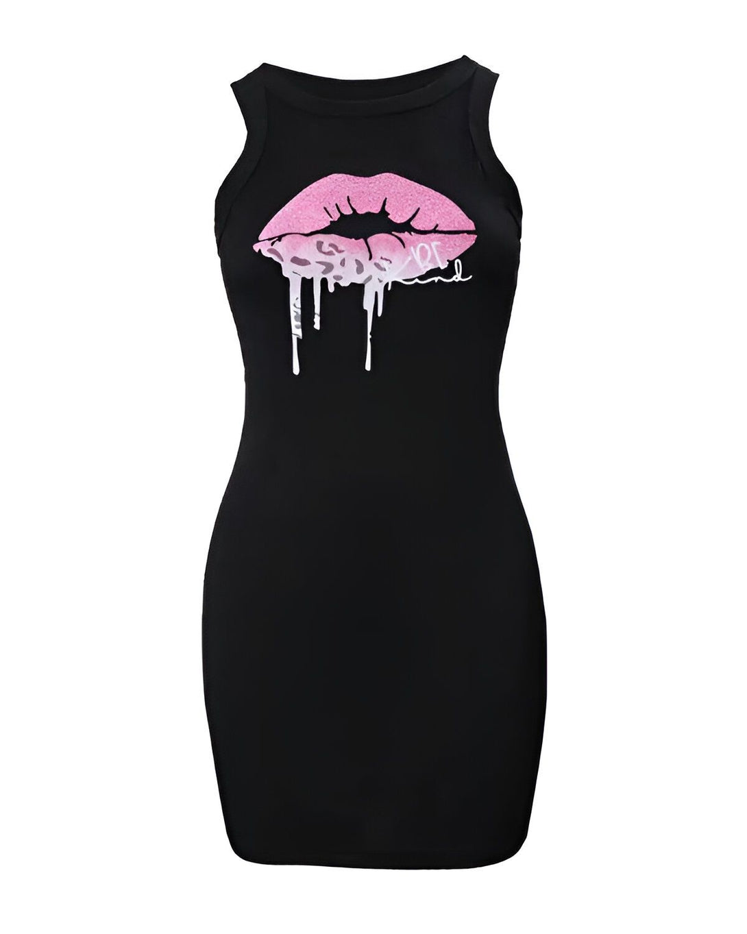 Une robe moulante noire avec un imprimé lèvres roses.