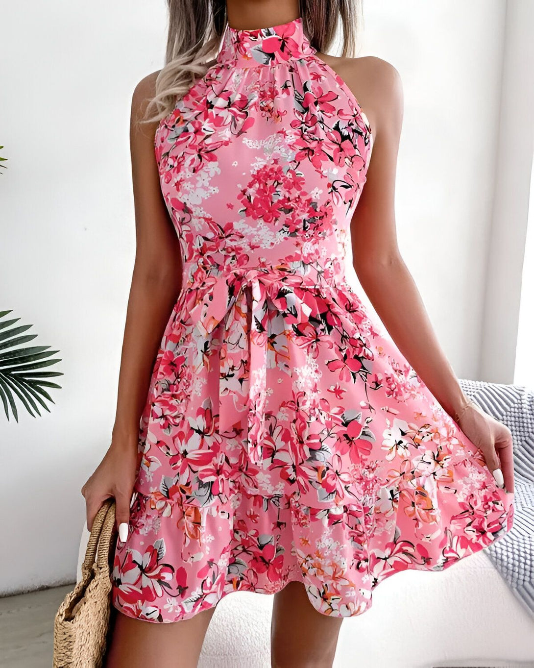 Une jeune femme porte une robe rose à fleurs. La robe est courte et évasée, avec un col montant et des bretelles fines. La femme est blonde et a les yeux bleus. Elle porte un sac à main en osier à la main droite.