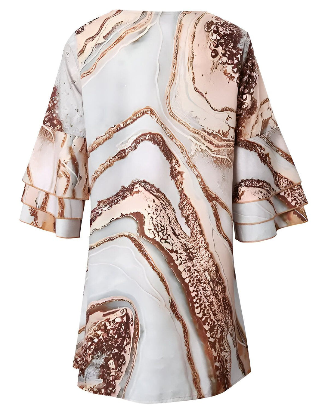 Une image d'une blouse ample à manches 3/4 et à volants. L'imprimé est un motif de marbre dans les tons beige, marron et doré.