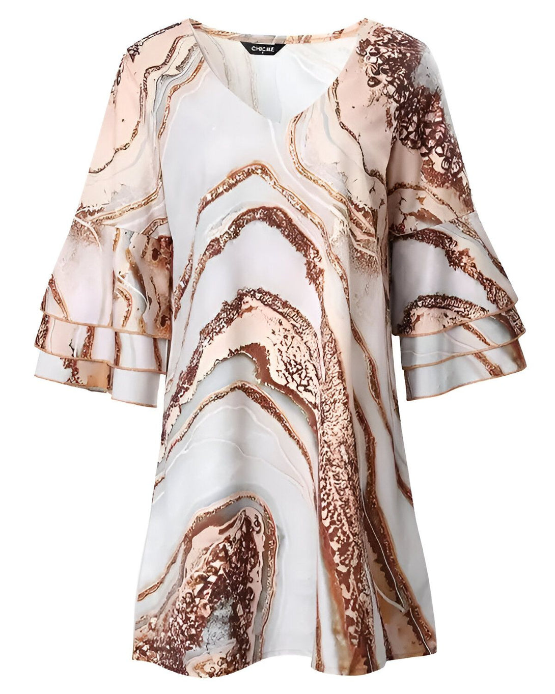 Une image d'une robe ample à manches courtes et à volants. La robe est de couleur marron et blanche avec un motif marbré.