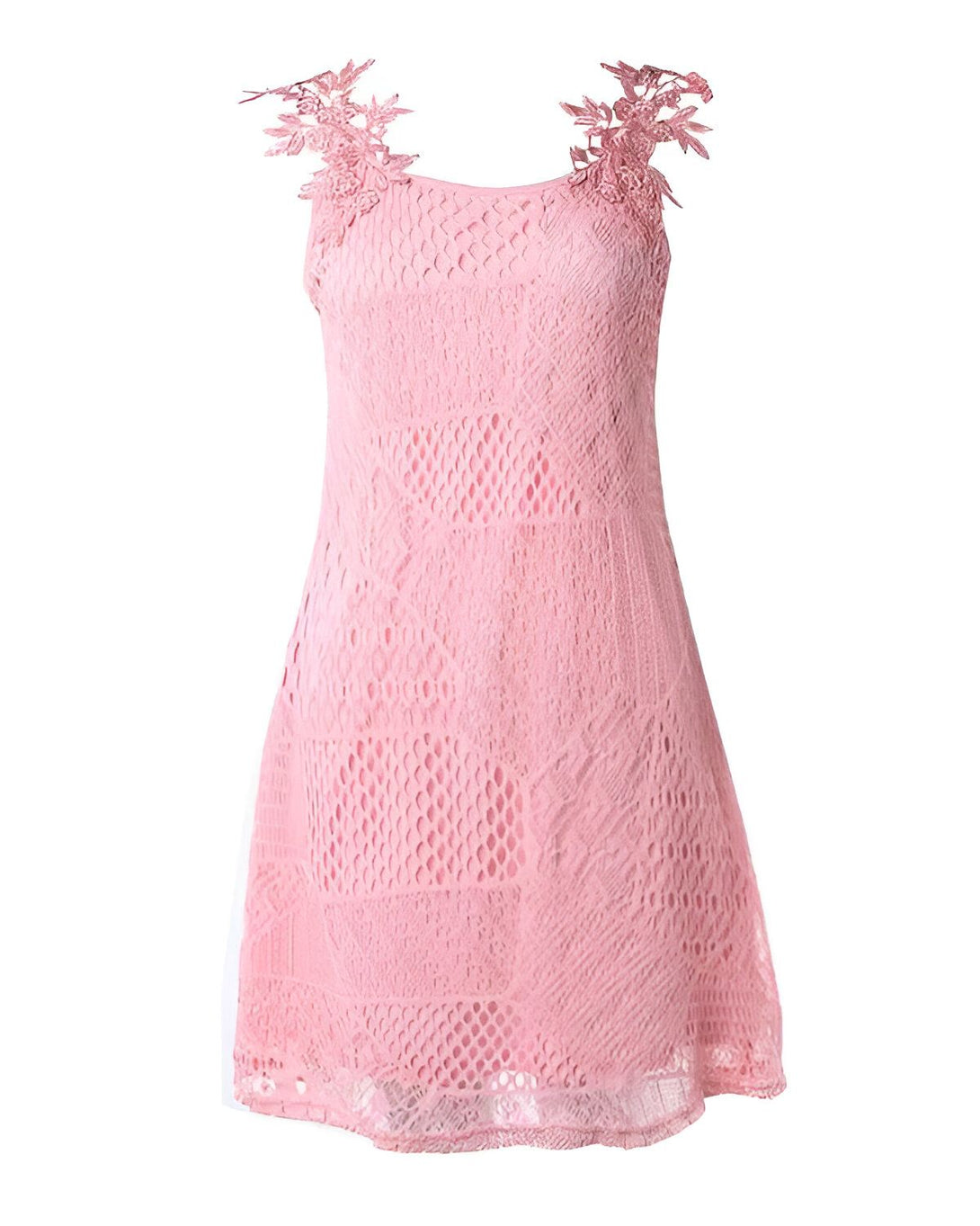 Une robe rose en dentelle avec des fleurs sur les épaules.