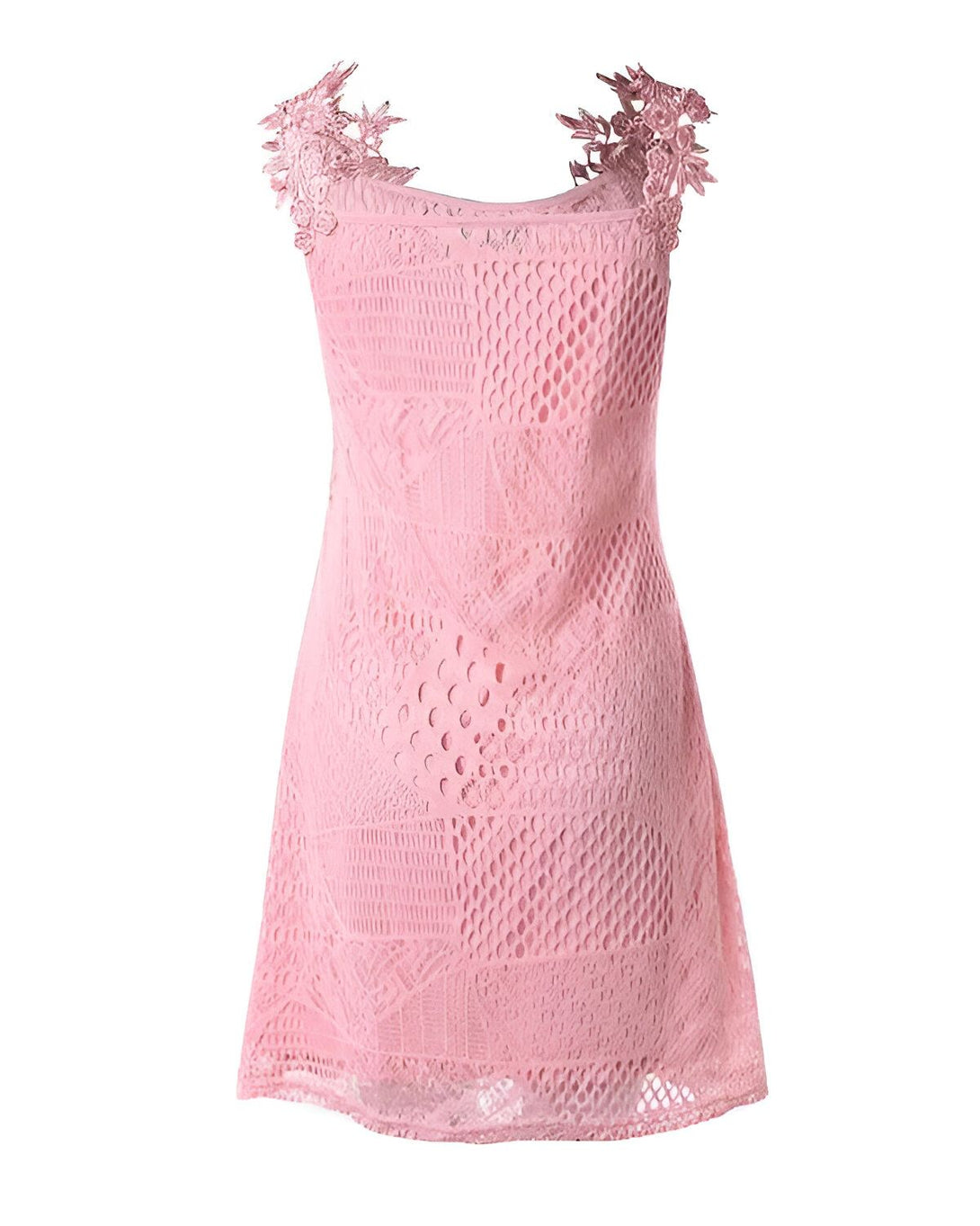 Une robe rose en dentelle avec des épaules dénudées et des fleurs en dentelle sur les épaules.