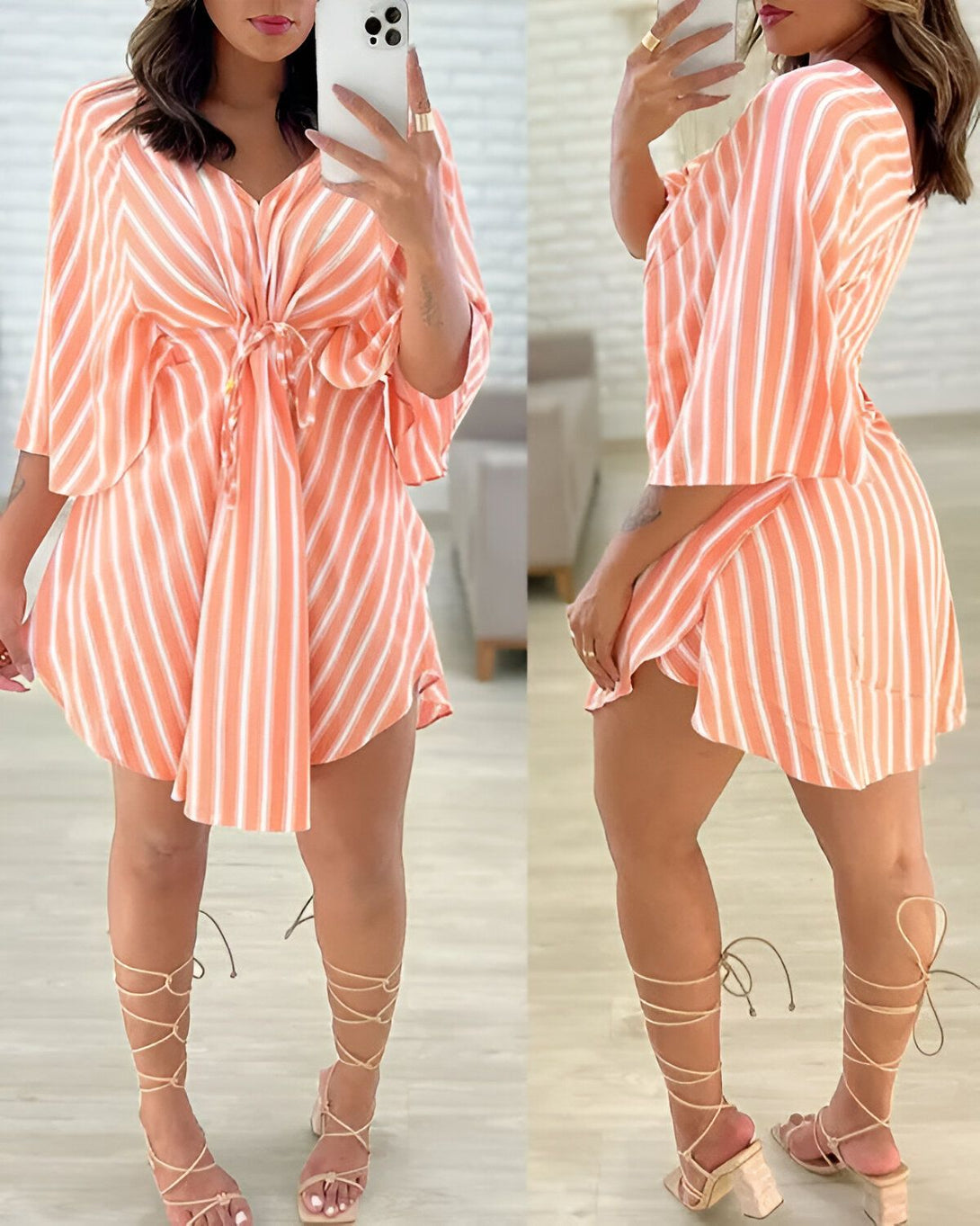 Une femme porte une robe courte à rayures orange et blanche. La robe est nouée sur le devant et possède des manches courtes. Elle porte des sandales à talons hauts de couleur beige.