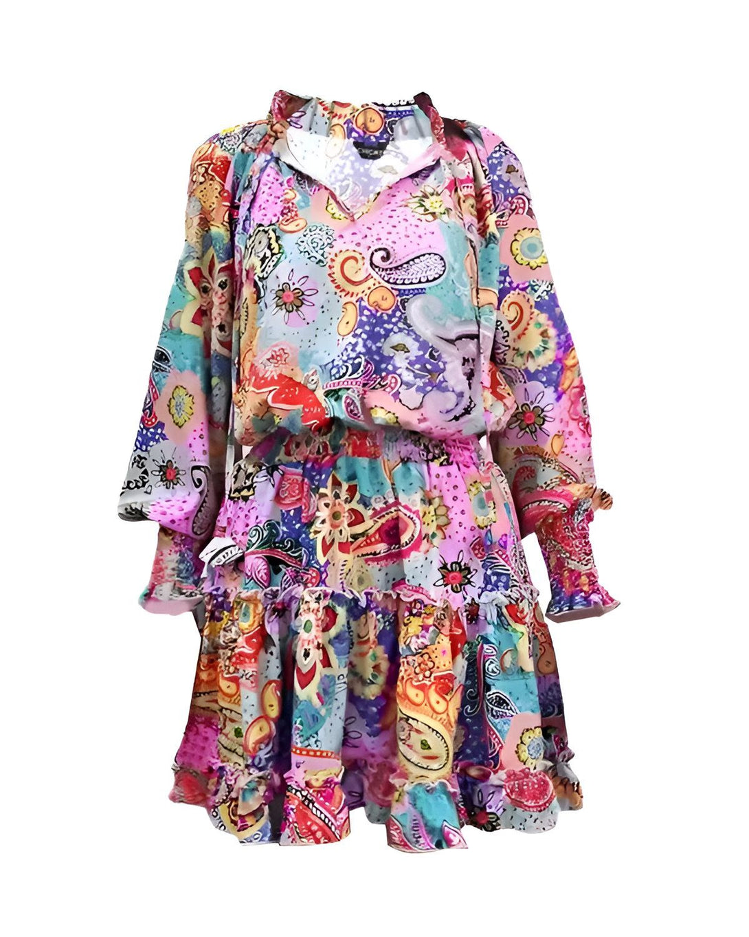 Une robe courte à volants avec un imprimé coloré de fleurs et de feuilles. La robe a un col montant et des manches longues.