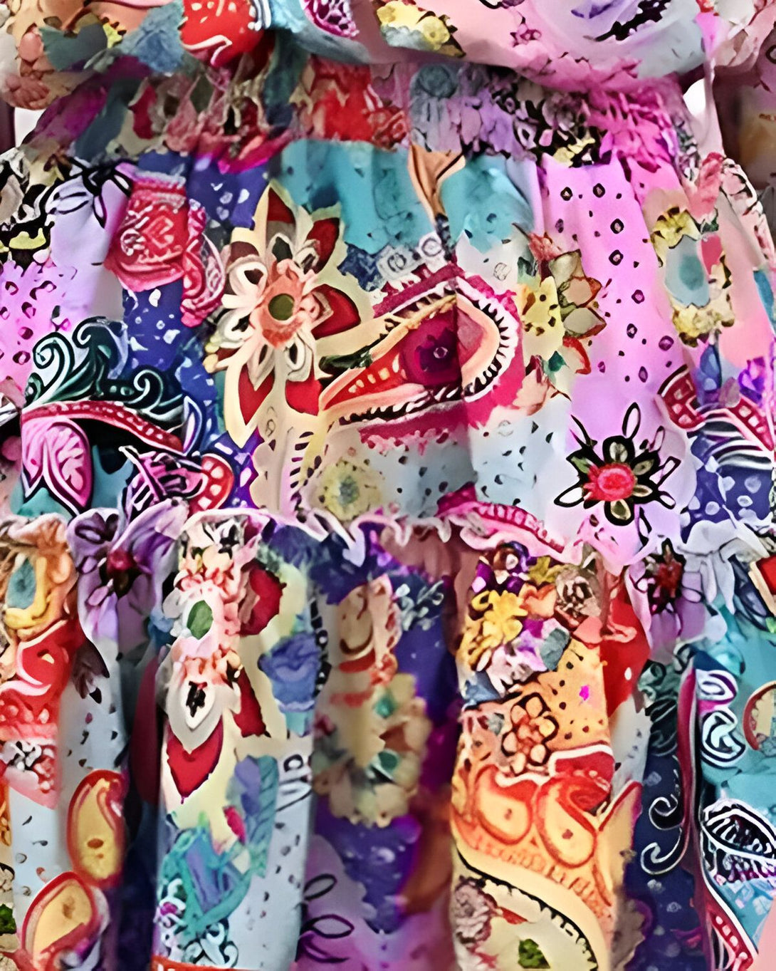 Une image d'une robe à fleurs colorée avec des volants. La robe est rose, bleue et verte avec des fleurs et des feuilles.