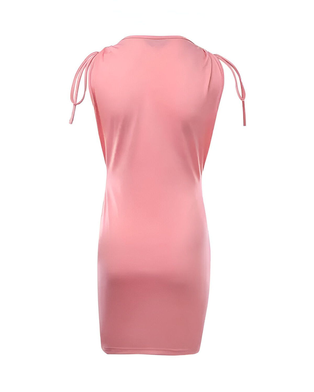 Une robe moulante rose dos nu avec des liens à nouer au niveau du cou et des épaules.