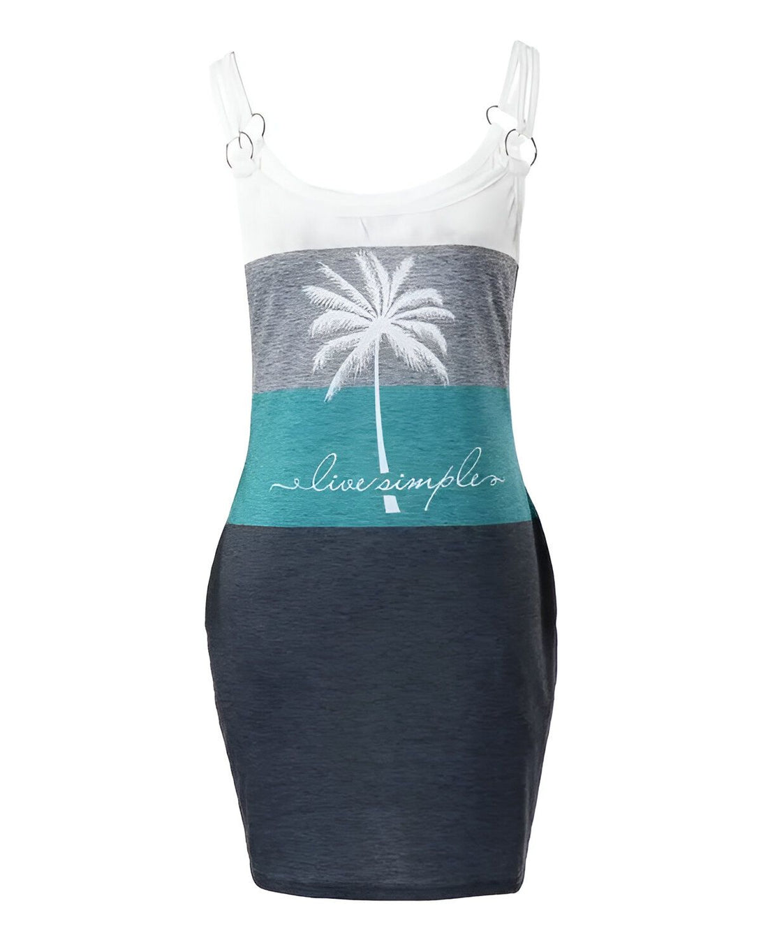 Une robe débardeur ajustée avec un imprimé de palmier et le texte "live simple" écrit en dessous. La robe est blanche, grise et bleu sarcelle.