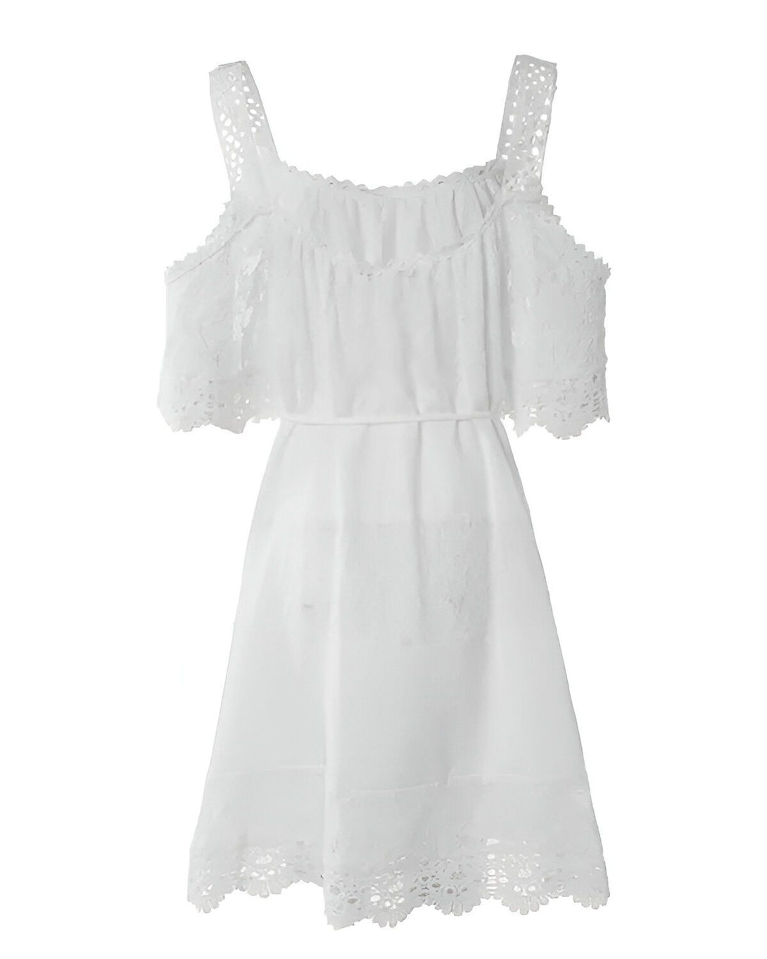 Une image d'une robe blanche courte à bretelles avec des détails en dentelle.