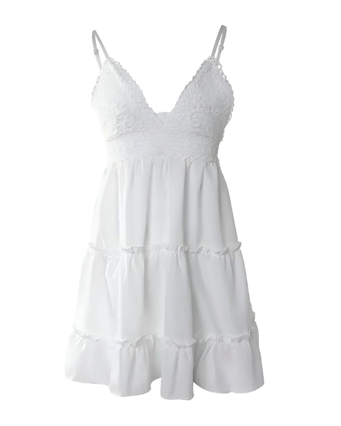 Une image d'une robe d'été blanche courte avec des bretelles fines, un décolleté en V et des volants sur la jupe.