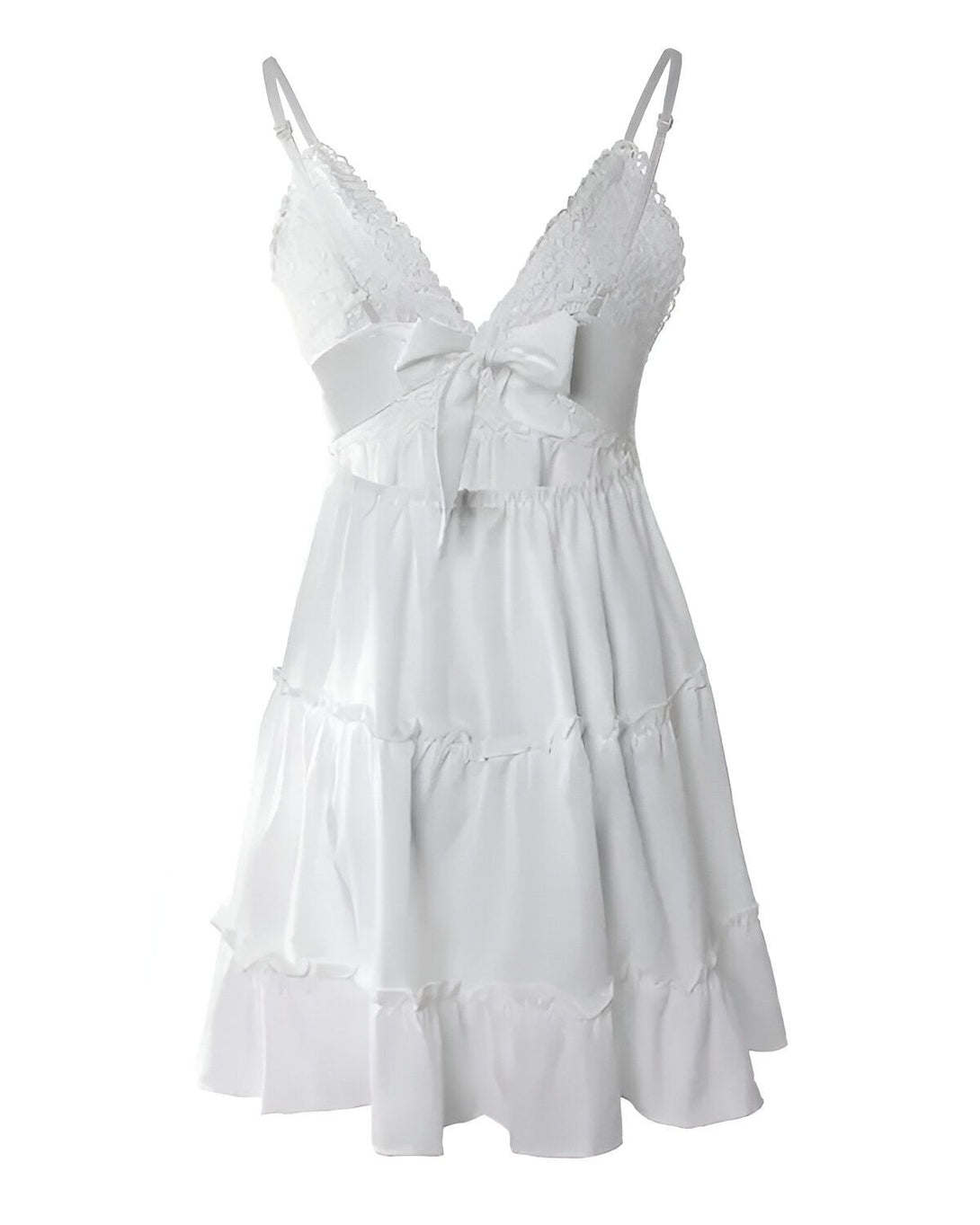 Une image d'une robe blanche courte en mousseline de soie avec un décolleté en V et des bretelles fines. La robe est ouverte dans le dos et possède un nœud en satin.