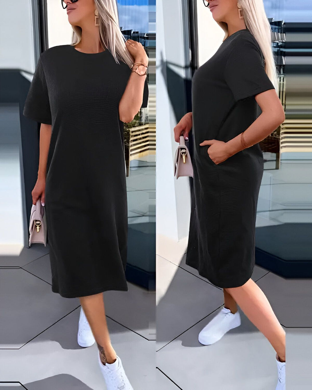 Une femme porte une robe noire décontractée. La robe est mi-longue et possède des manches courtes. Elle est cintrée à la taille et possède une encolure ronde. La femme porte également des baskets blanches et un sac à main beige.