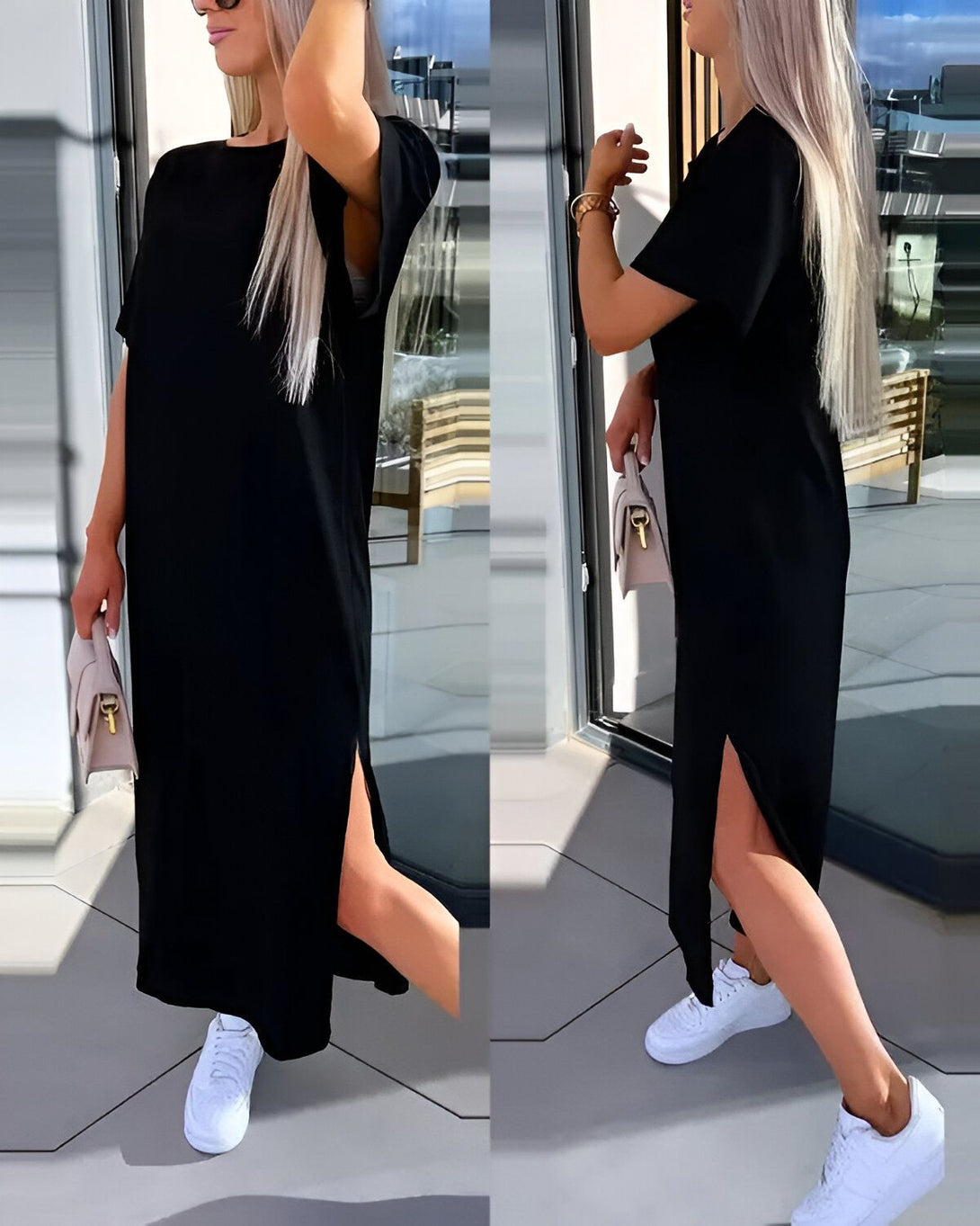 Une femme porte une robe noire mi-longue avec des baskets blanches. La robe a des manches courtes et une fente sur le côté. La femme a un sac à main beige à la main et des lunettes de soleil sur la tête.