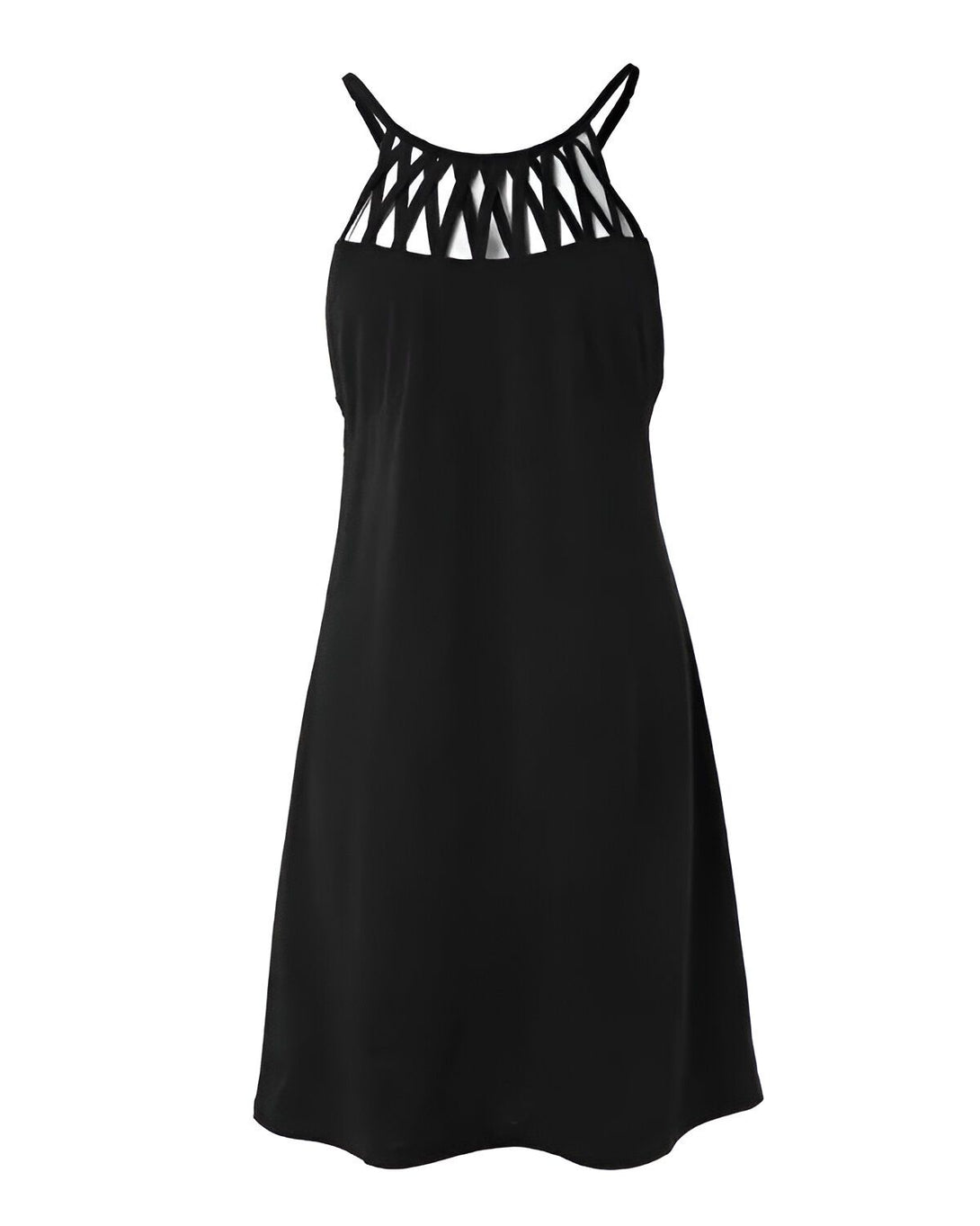 Une robe trapèze noire avec un col montant et des découpes géométriques au niveau de la poitrine.