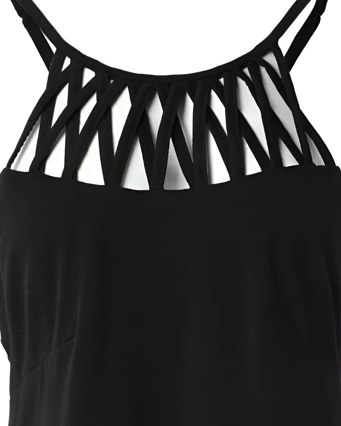 Une image d'une robe de soirée noire avec un décolleté croisé.