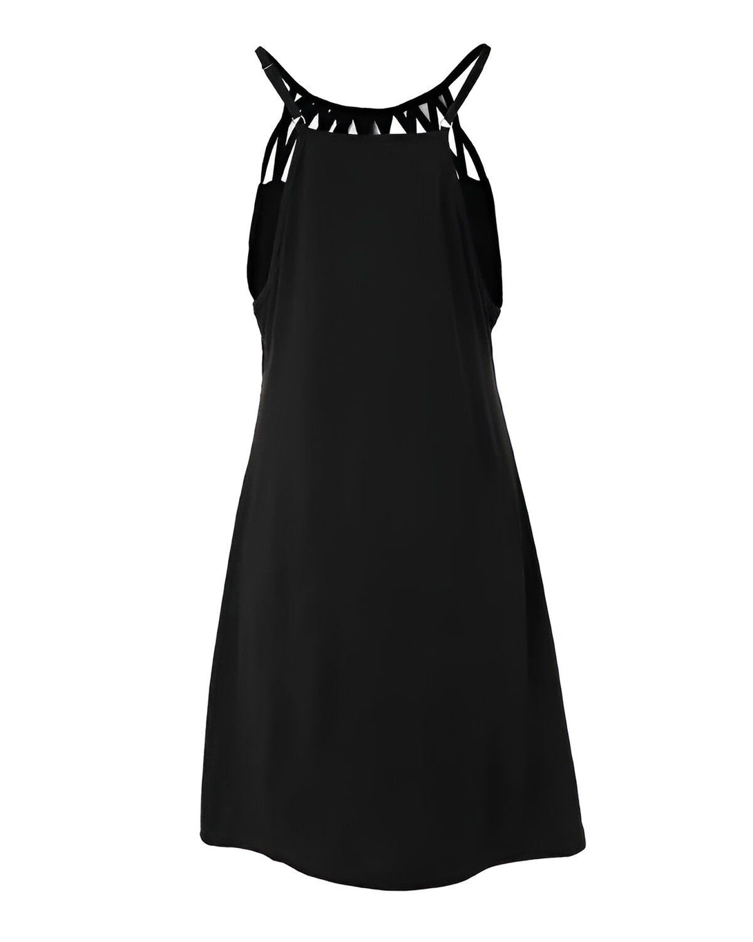 Une robe trapèze noire dos nu avec des lanières croisées.