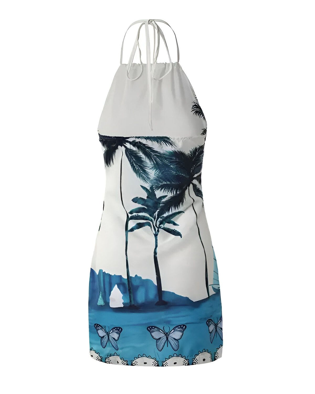 Une robe dos nu blanche avec un imprimé de palmiers et de papillons bleus.