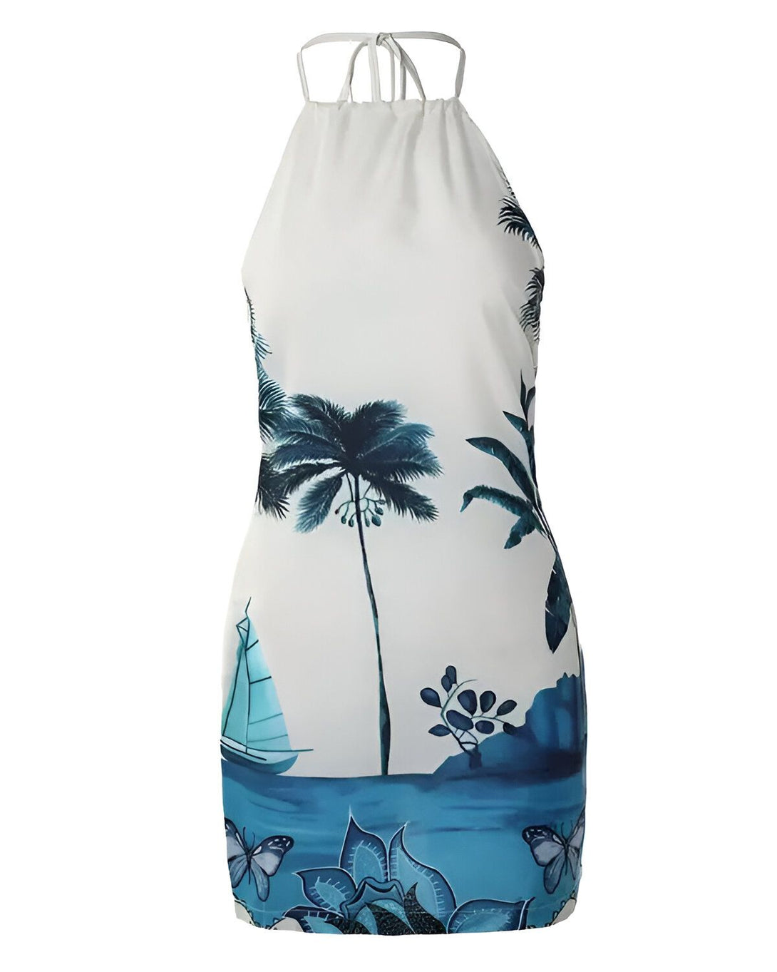 Une robe dos nu blanche avec un imprimé de palmiers bleus et verts, d'un voilier et de papillons.