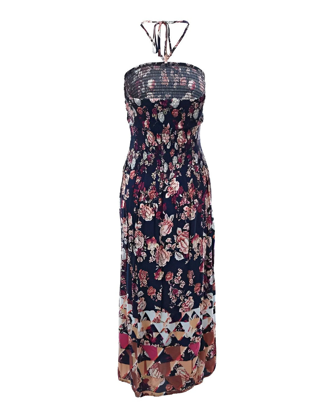 Une robe longue et ample à motifs floraux avec un haut bandeau et des bretelles nouées dans le cou.