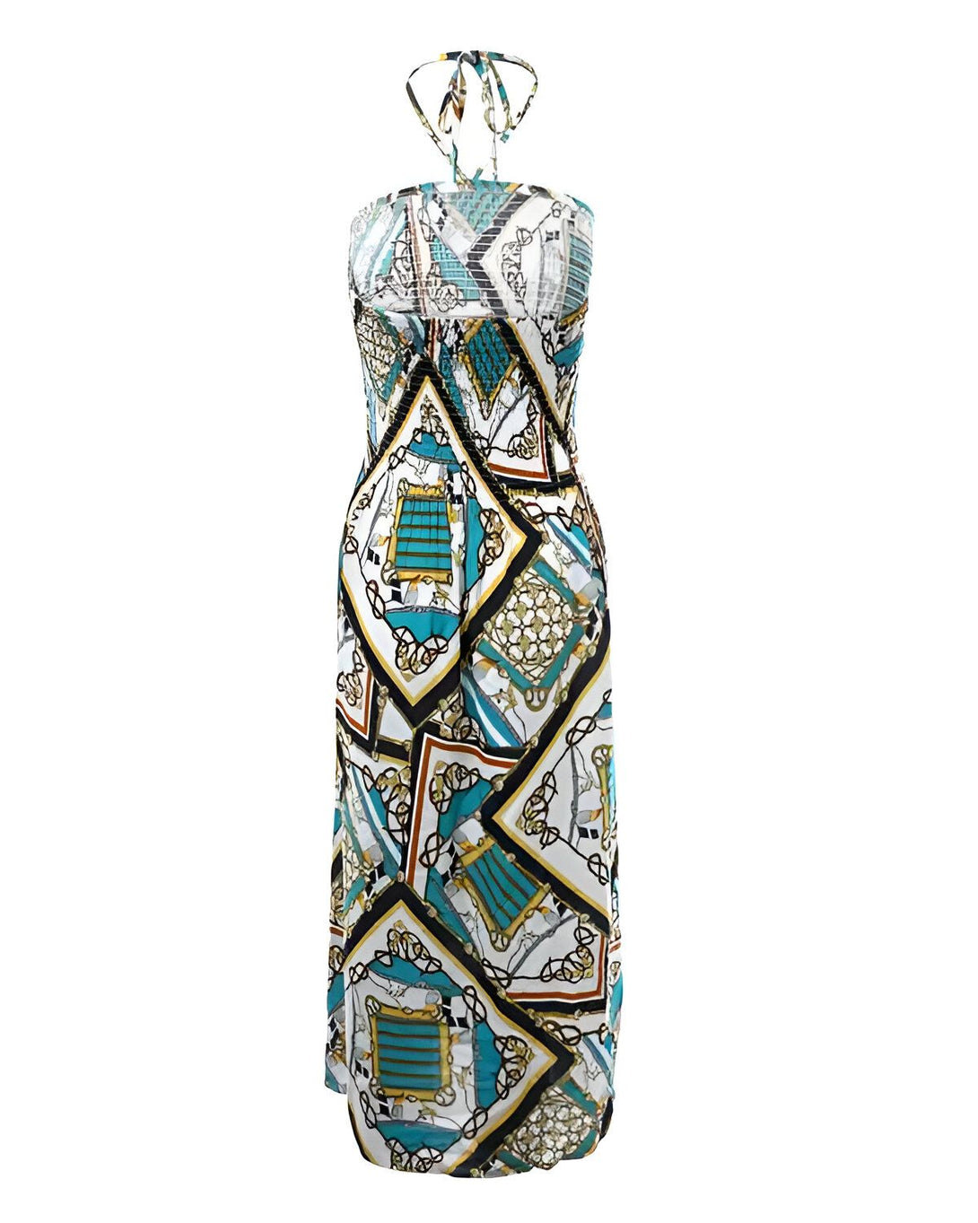 Une robe longue et ample à fines bretelles. La robe est de couleur turquoise et blanche avec des motifs de chaînes dorées.