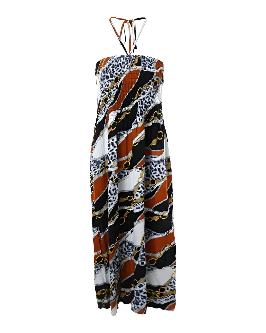 Une robe longue marron, blanche et noire sans bretelles avec un motif de chaînes et de léopard.