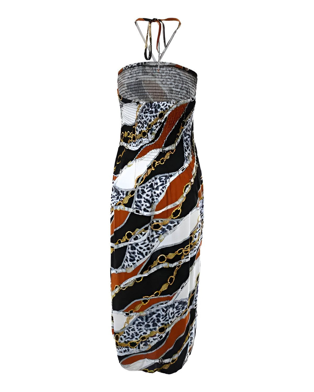 Une robe longue marron, blanche et noire à motifs chaînes et léopard.