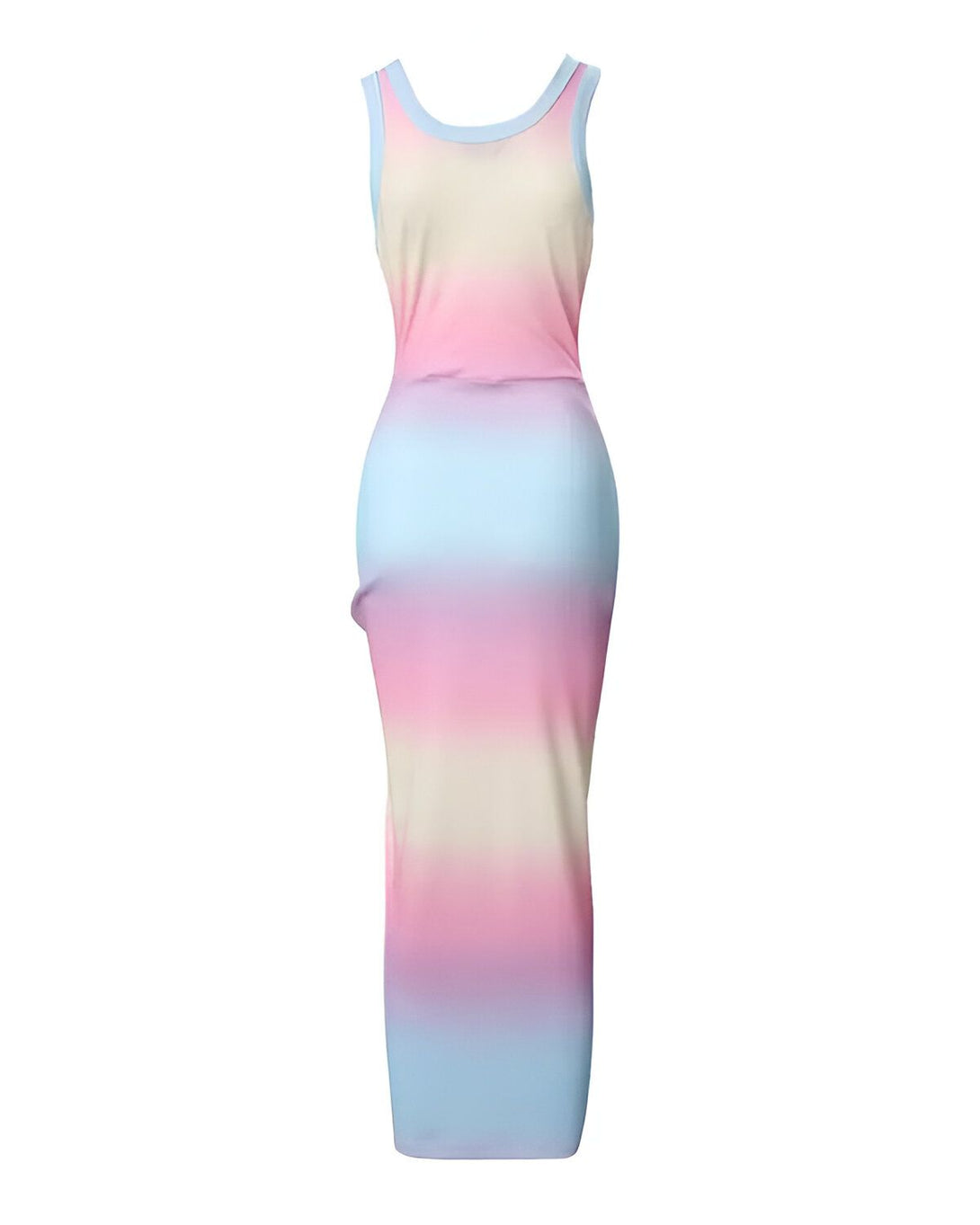 Une robe longue et moulante avec un dégradé de couleurs pastel.