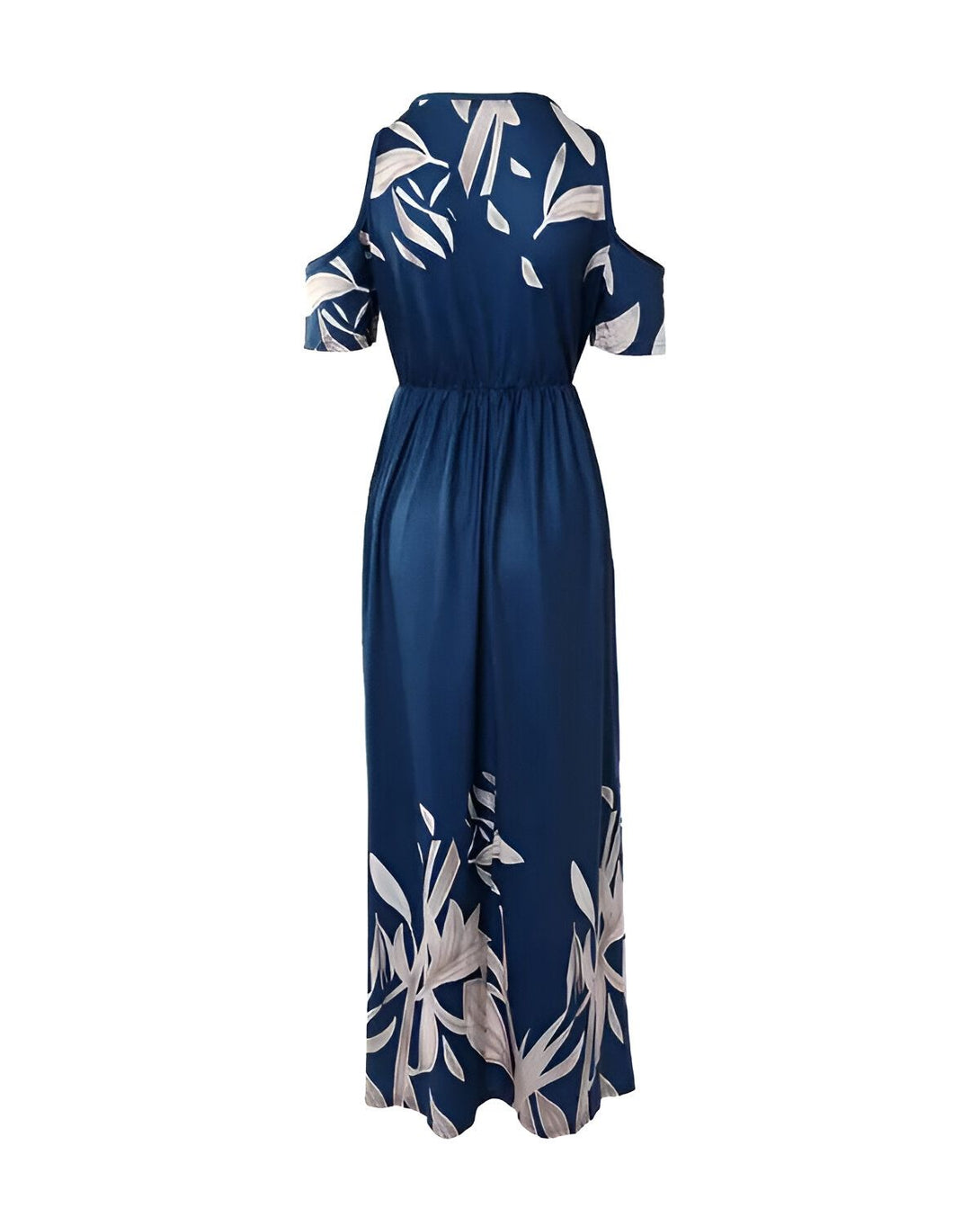 Une robe longue bleu marine à motif de feuilles blanches. La robe est ouverte sur les épaules et possède une taille empire.