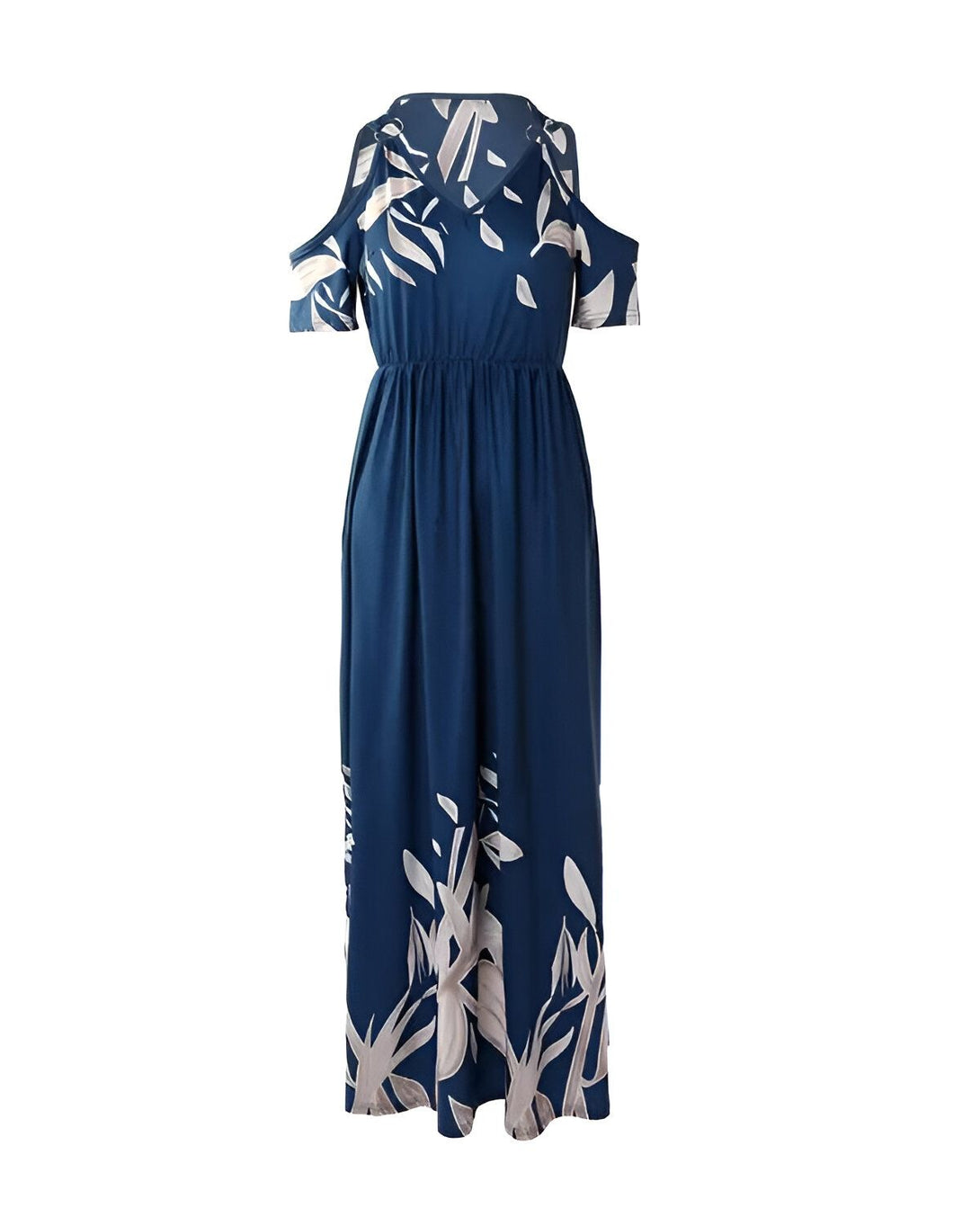 Une robe longue bleu marine à motif de feuilles blanches. La robe est sans manches et possède un col en V.