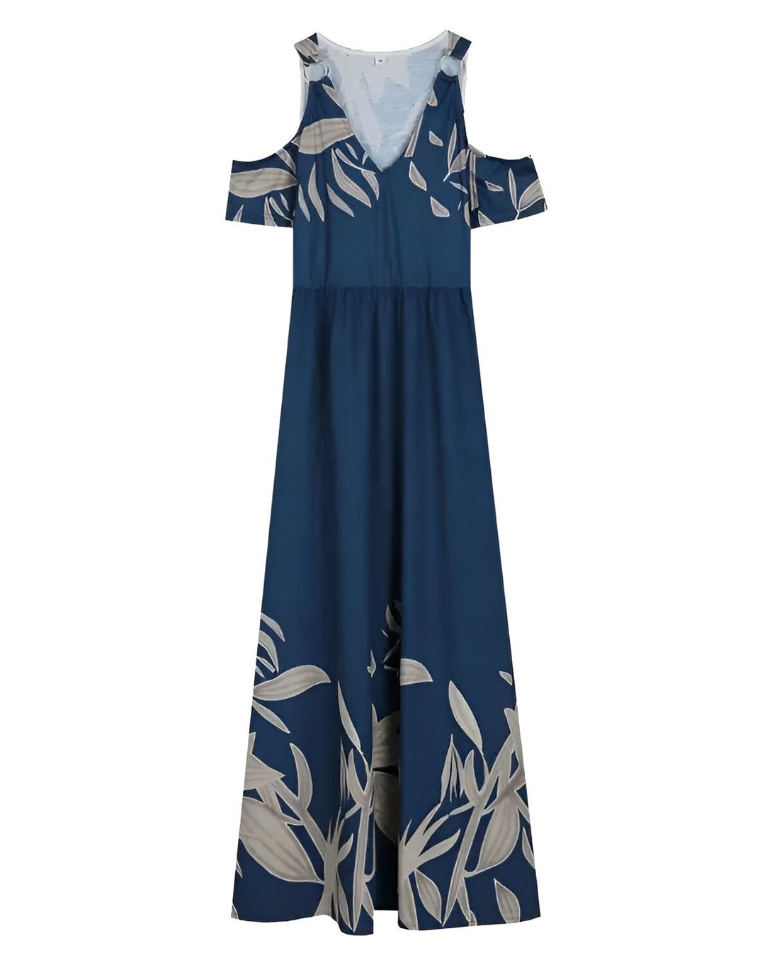 Une robe longue bleu marine à motif de feuilles tropicales. La robe est dotée d'un col en V et de manches courtes.