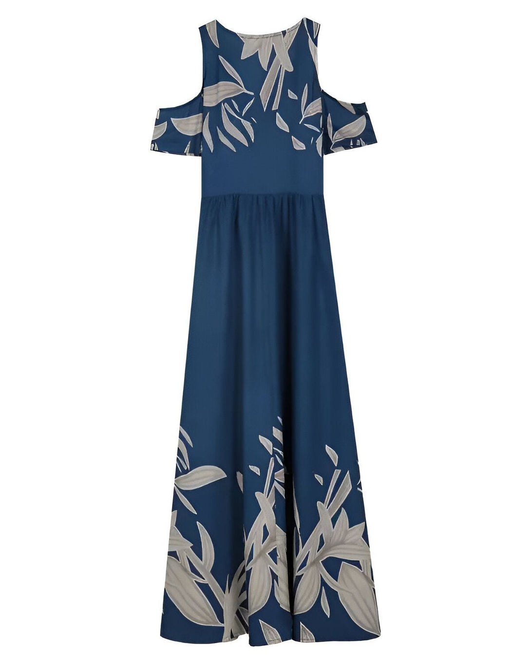 Une robe longue bleu marine à motif de feuilles blanches. La robe est dos nu et possède des manches courtes.