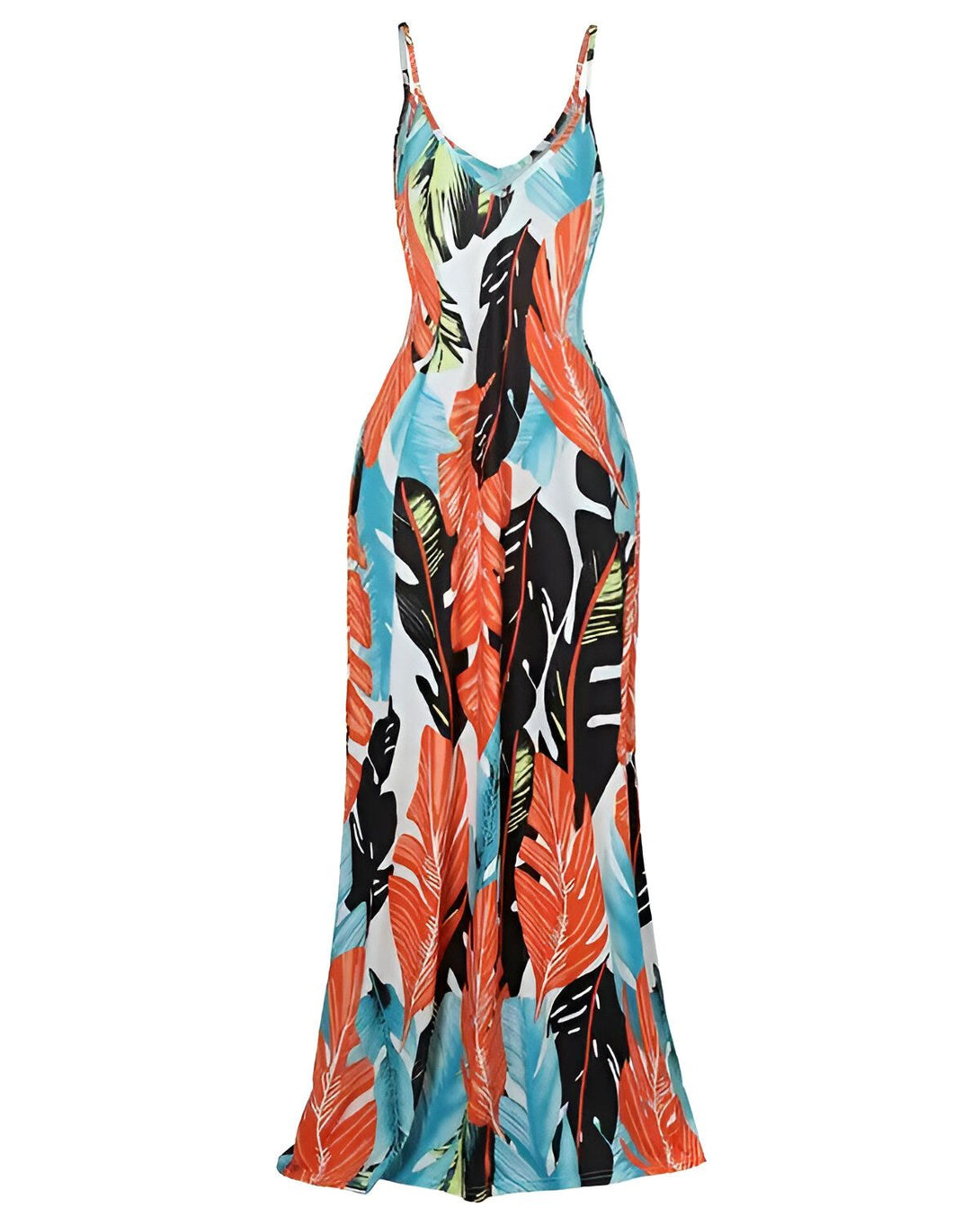 Une robe longue et ample à bretelles, avec un imprimé de feuilles tropicales colorées sur fond blanc.