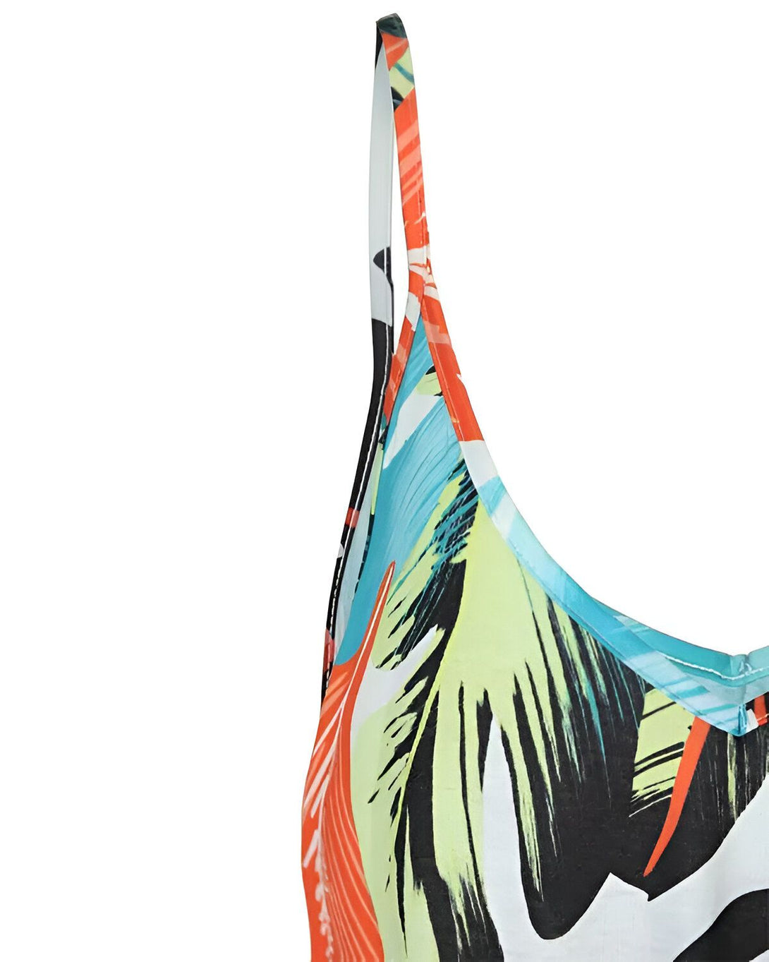 Une image d'une bretelle de robe. La robe est de couleur orange, verte et bleue. La bretelle est orange et verte.