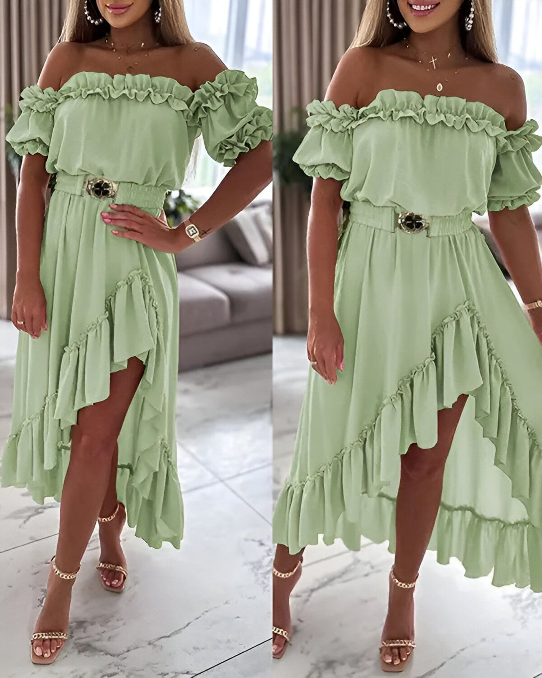 Une femme porte une robe verte à volants avec un décolleté épaules nues et une ceinture dorée. La robe est courte devant et longue derrière.