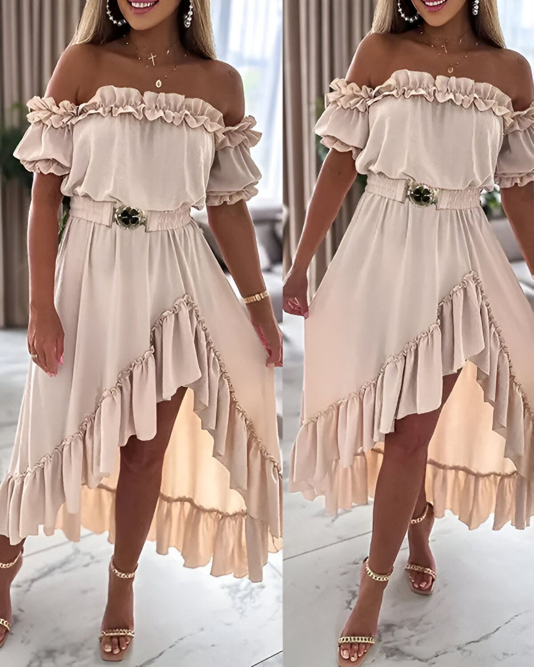Une femme porte une robe beige à volants avec une ceinture dorée. La robe est courte devant et longue derrière. Elle porte des sandales à talons dorées.