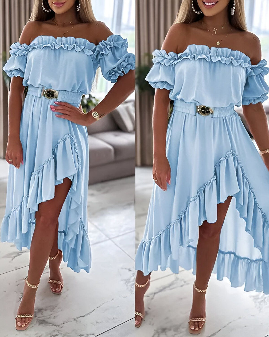 Une femme porte une robe portefeuille bleu clair à volants avec une ceinture marron. La robe est courte devant et longue derrière. Elle est également dotée d'un décolleté en V et de manches courtes. La femme porte des sandales à talons hauts de couleur marron clair et un collier avec un pendentif en forme de croix.