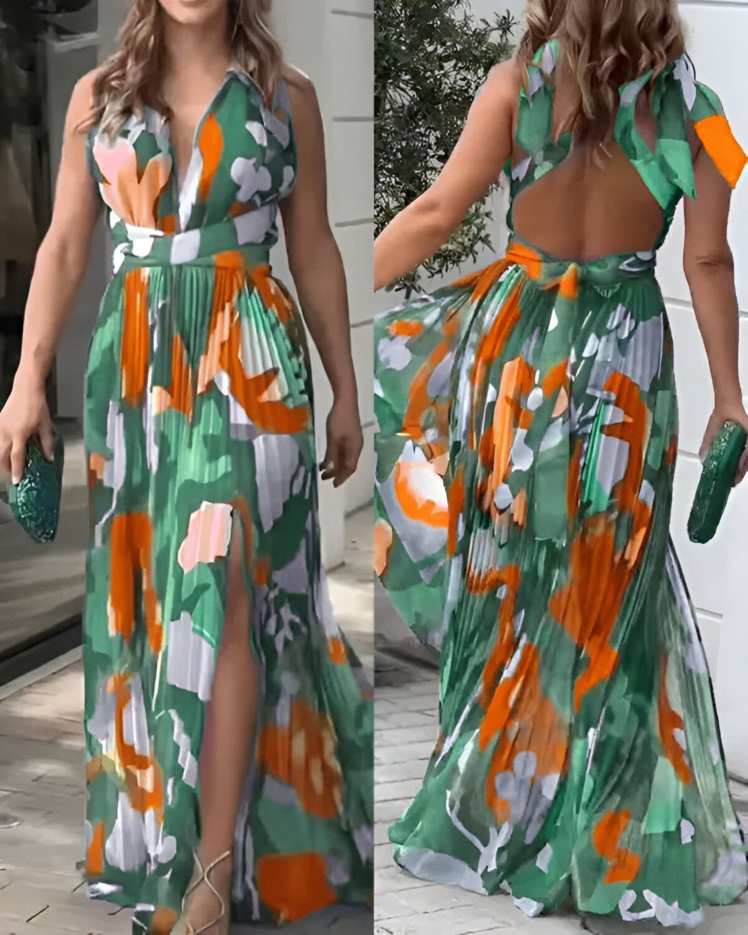 Une femme porte une robe longue verte et orange à motifs floraux. La robe est décolletée et fendue sur le côté. Elle est également plissée et possède un nœud dans le dos. La femme porte des sandales à talons et un sac à main vert.