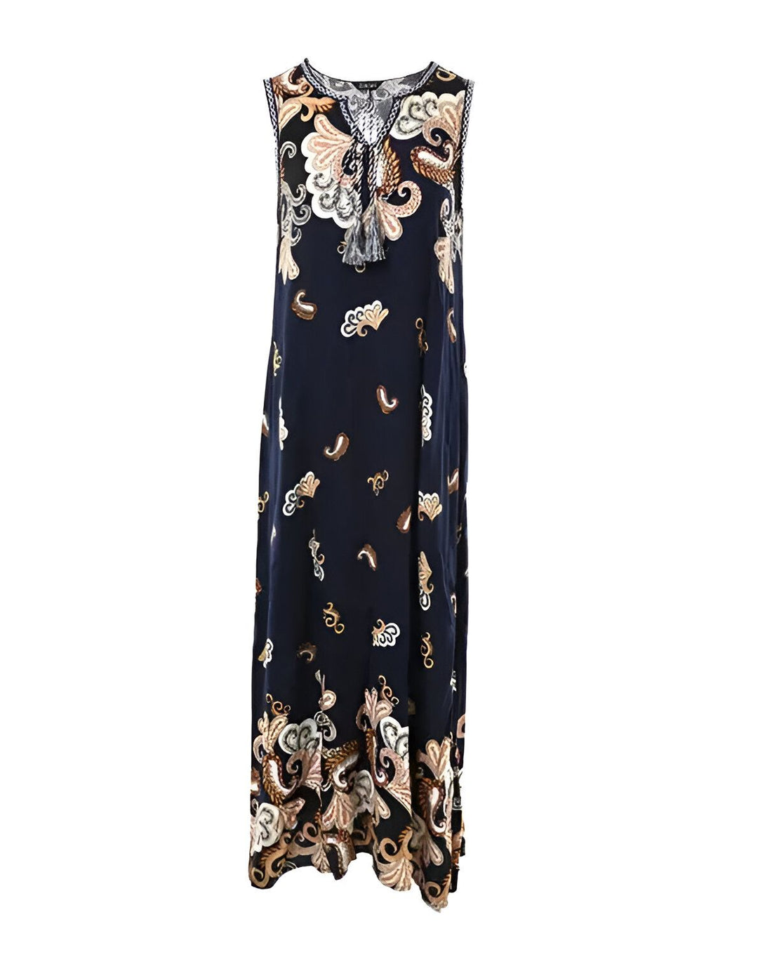 Une robe longue bleu marine à motifs paisley marron et beige. La robe est sans manches et possède un col en V.