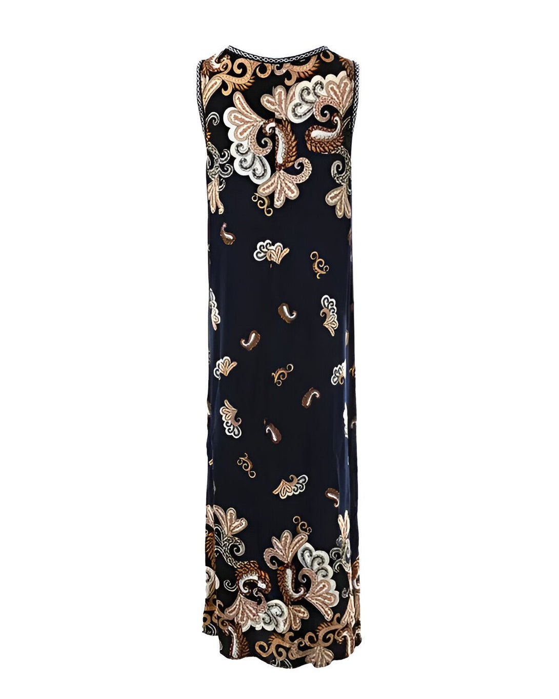 Une robe longue de couleur bleu marine avec un motif cachemire marron et beige. La robe est sans manches et possède une encolure ronde.