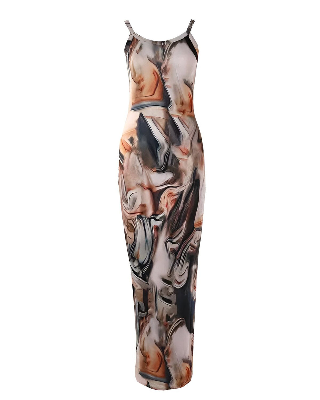 Une robe longue et moulante à fines bretelles. Le motif est abstrait et coloré.