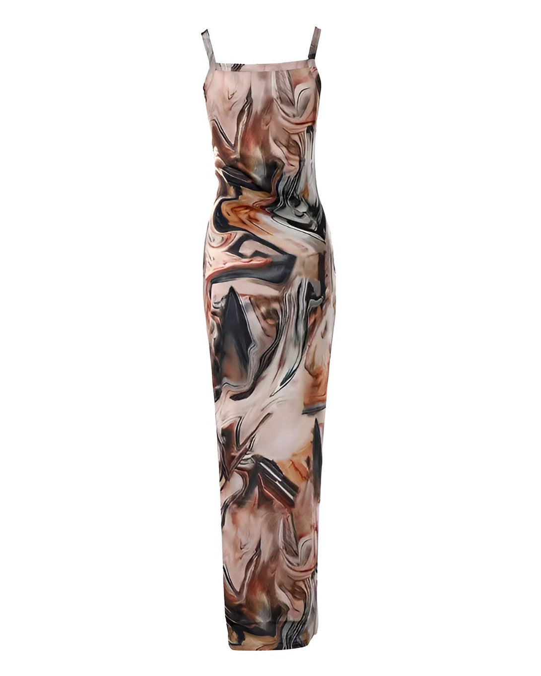 Une robe longue et moulante à fines bretelles. La robe est de couleur marron et beige avec un motif marbré.