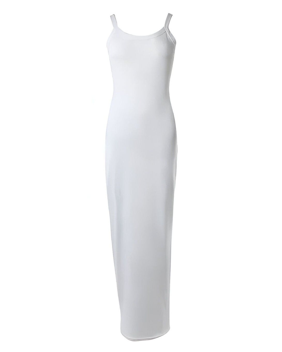 Une image d'une robe longue blanche moulante avec des bretelles fines.